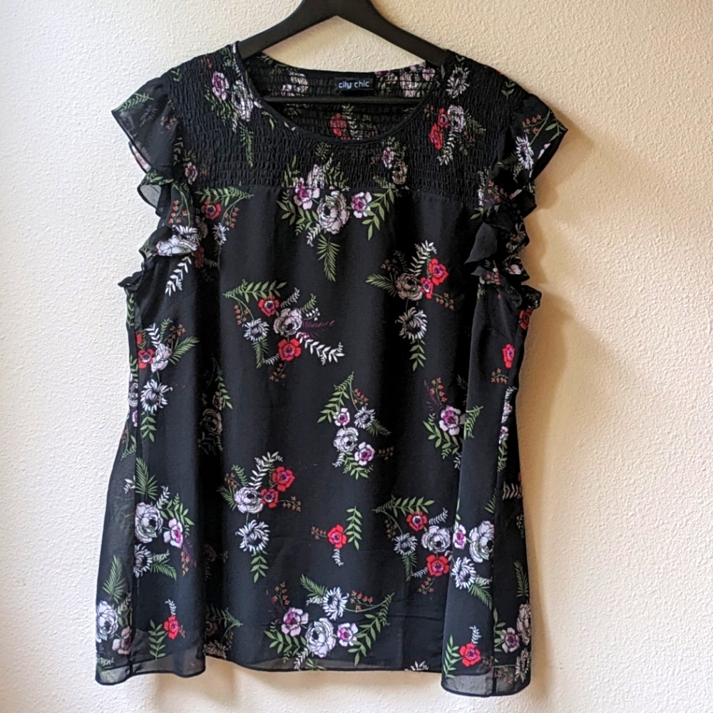 City Chic - Nova Black Floral Ruffle Trim Sleeveless Blouse - Women's Size 16